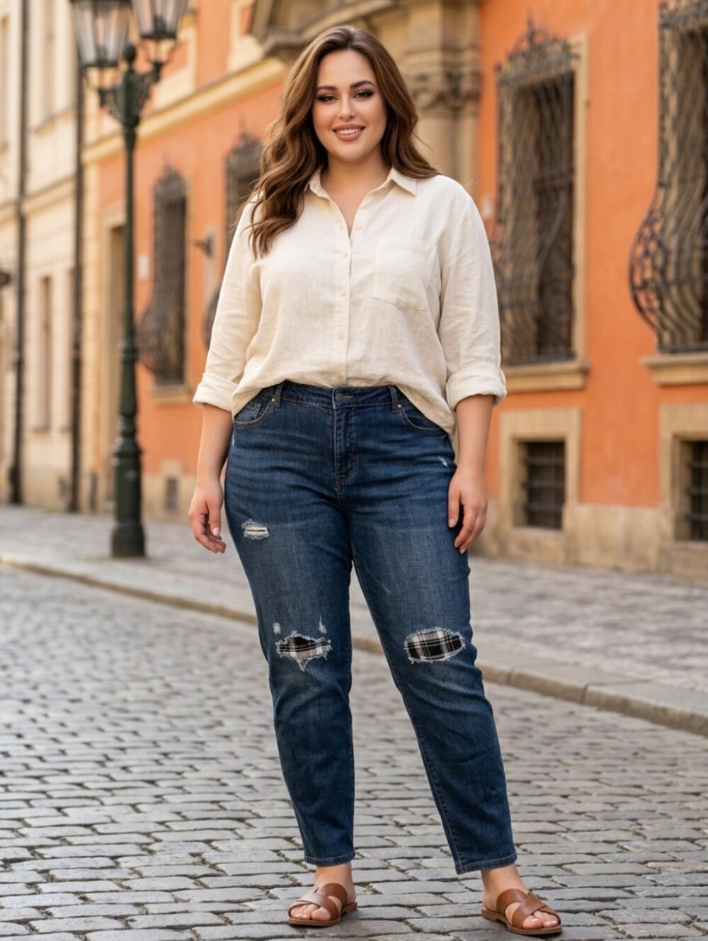Lane Bryant Dark Wash Distressed Jeans with Plaid Patch